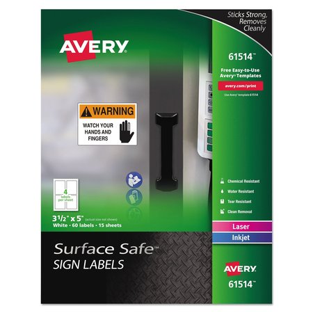 AVERY Surface Safe Removable Label Safety Sign, Inkjet/Laser, 3.5x5, Wt, PK60 61514
